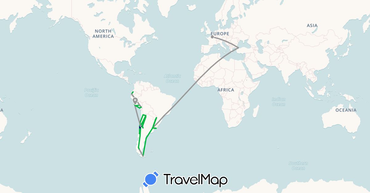 TravelMap itinerary: driving, bus, plane, train, boat, hitchhiking in Argentina, Brazil, Chile, Ecuador, France, Peru, Turkey, Uruguay (Asia, Europe, South America)